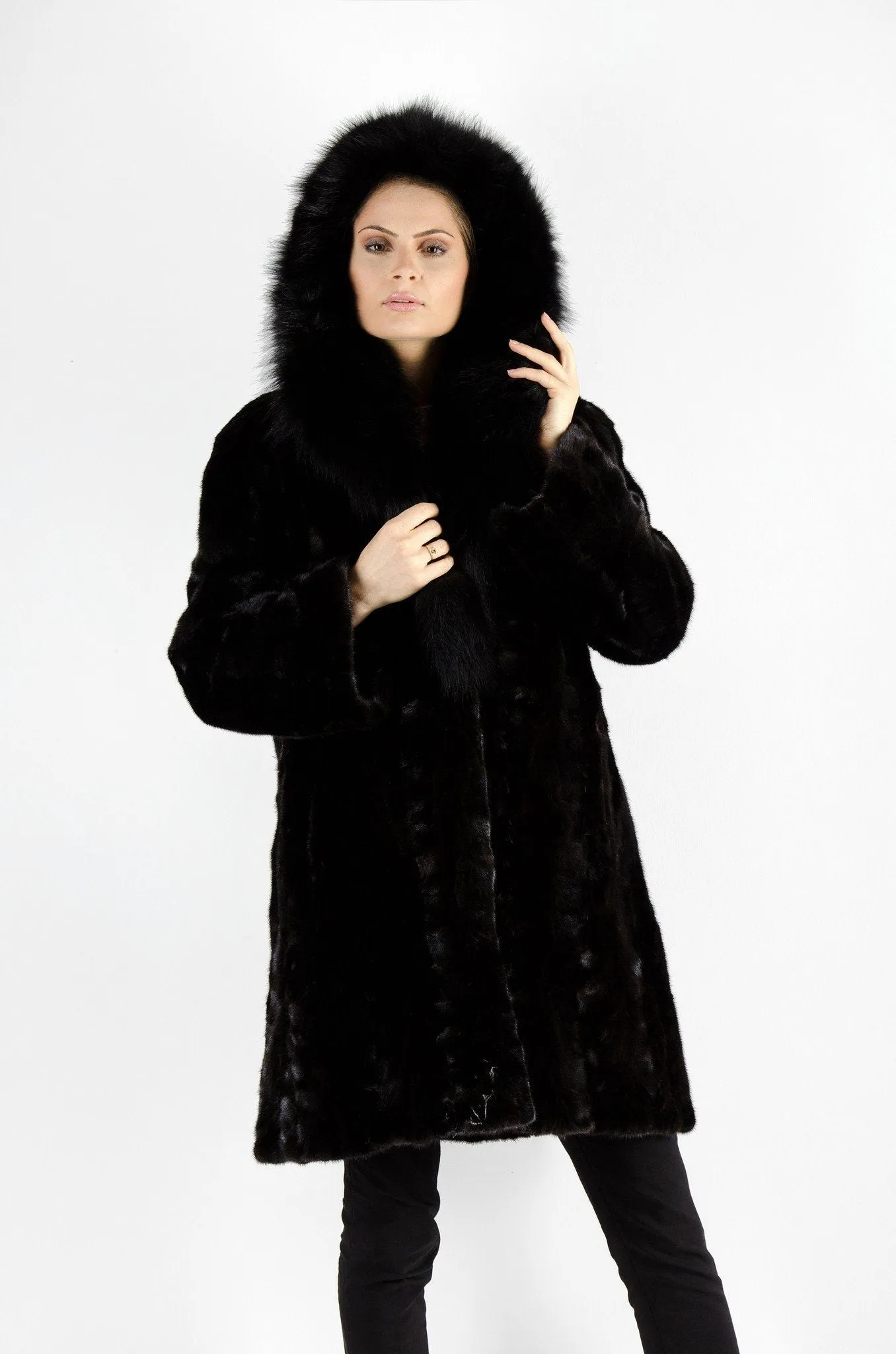 12 | Black Hooded Mink With Fox Fur Trim Coat