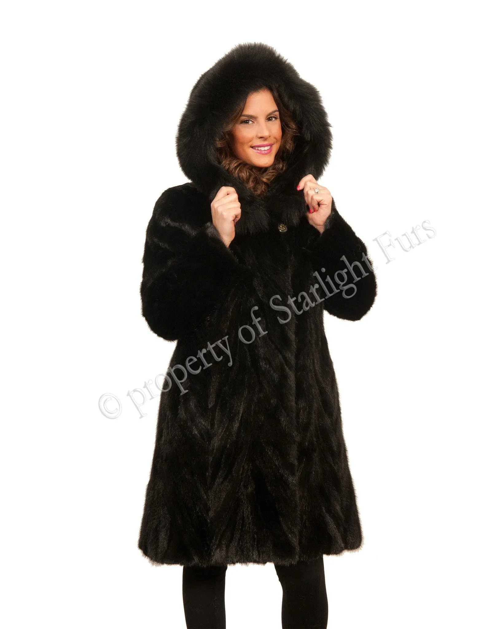 12 | Black Hooded Mink With Fox Fur Trim Coat