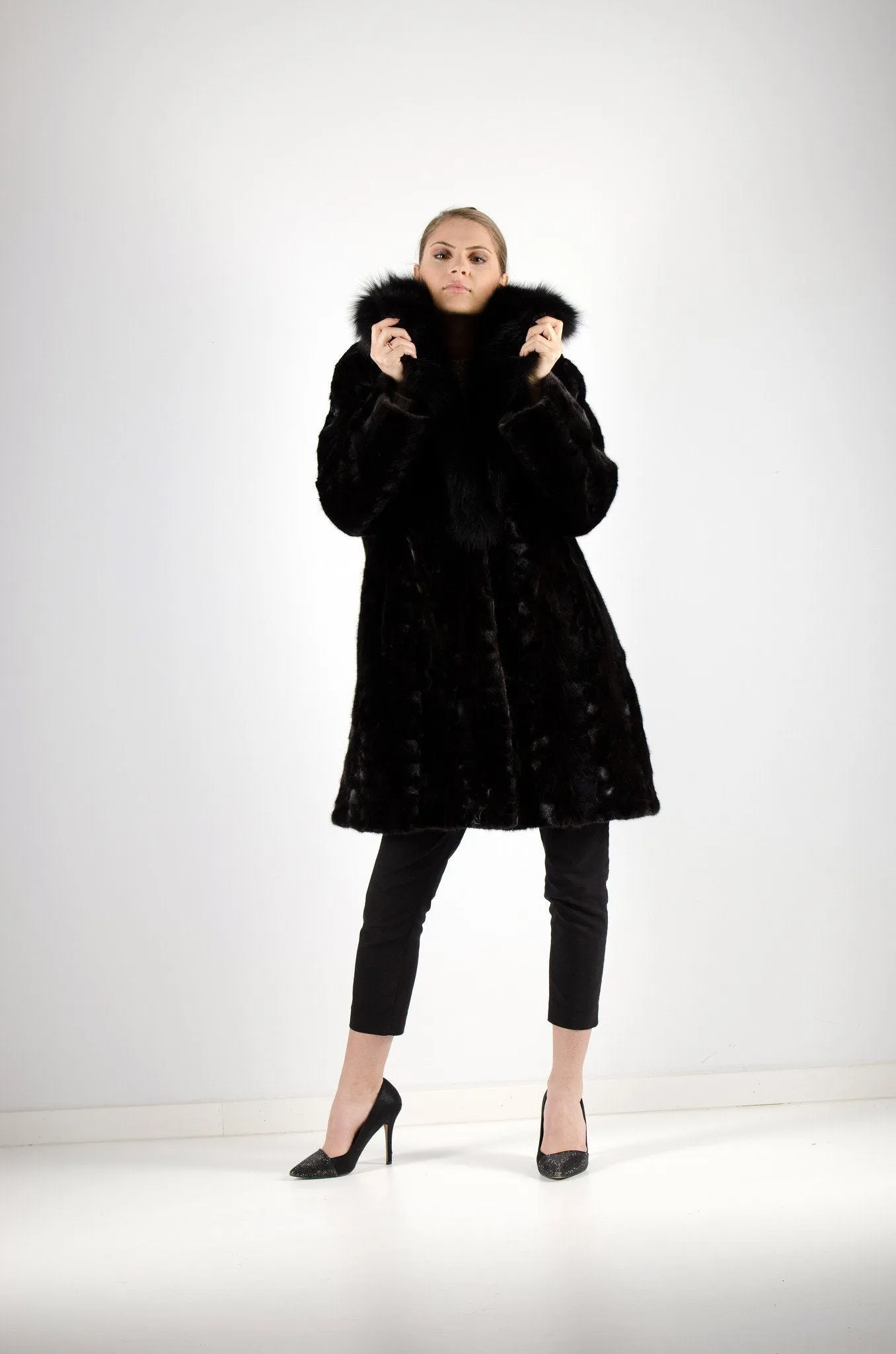 12 | Black Hooded Mink With Fox Fur Trim Coat