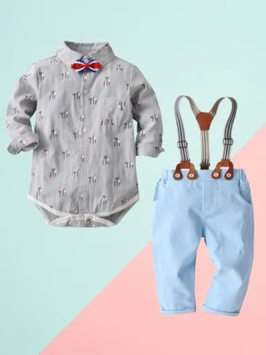 4 PCS Gentleman Style Set Bowtie Flower Print Romper Shirt and Adjustable Shoulder Straps Light Blue Overalls