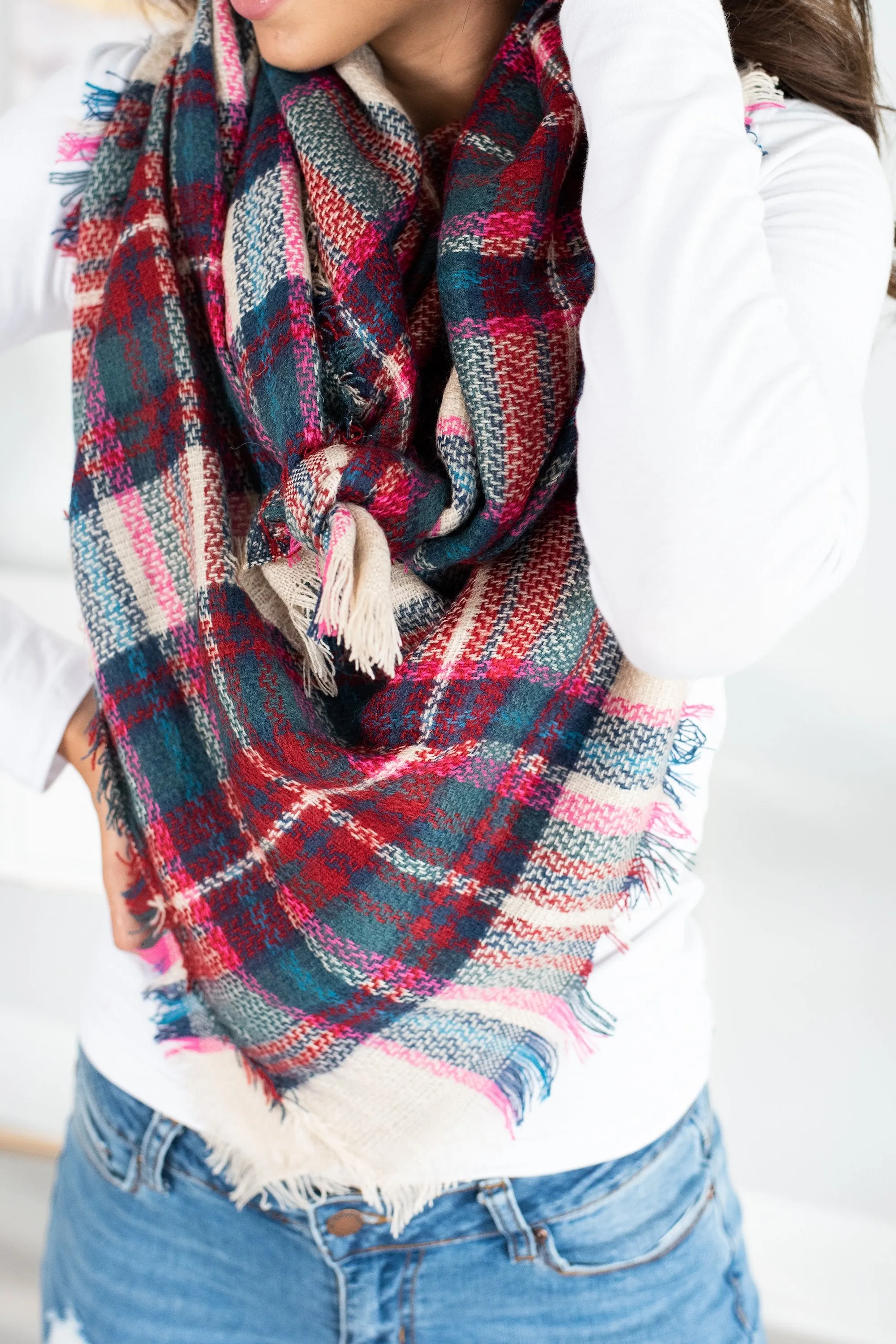 Autumn Air Pink Plaid Blanket Scarf