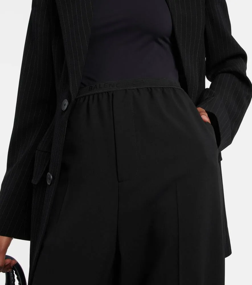 BALENCIAGA Logo Wide Leg Wool Pants, Black