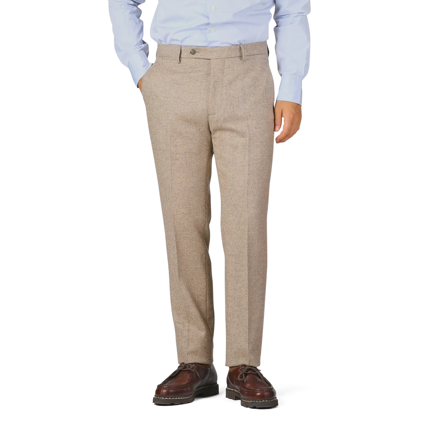 Beige Herringbone Wool Tweed Trousers