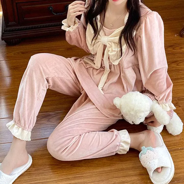 Big Bow Flannel Pink Gray Navy Pajamas Sleepwear Top & Pants