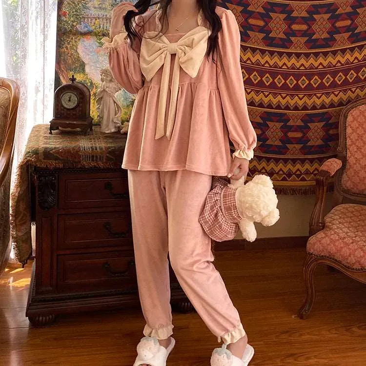 Big Bow Flannel Pink Gray Navy Pajamas Sleepwear Top & Pants