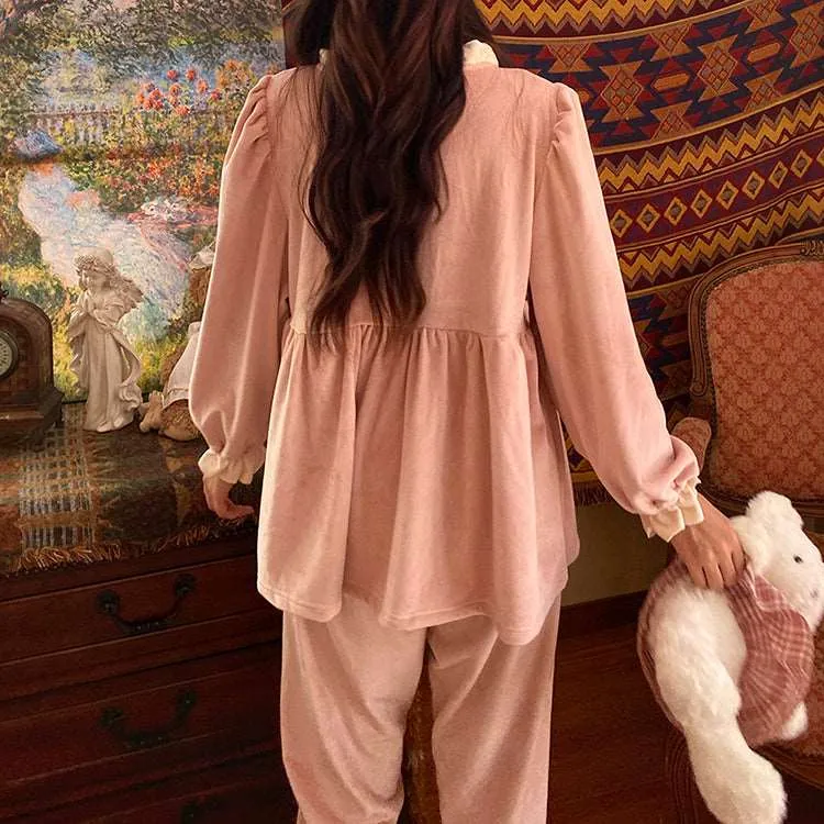 Big Bow Flannel Pink Gray Navy Pajamas Sleepwear Top & Pants
