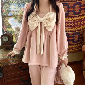 Big Bow Flannel Pink Gray Navy Pajamas Sleepwear Top & Pants