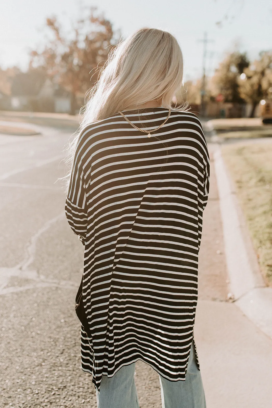 Black & White Striped Long Pocket Cardigan