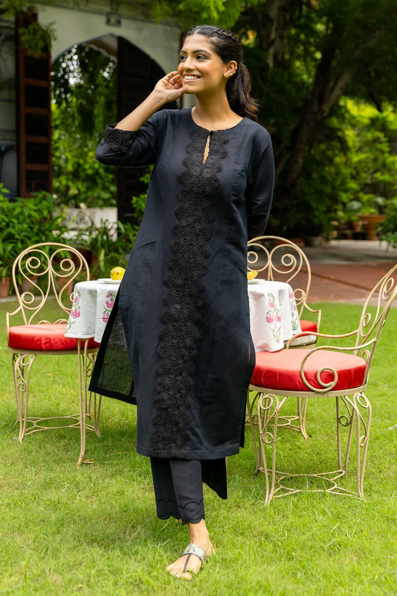 Black Linen Pants with Scalloped Hem Detailing