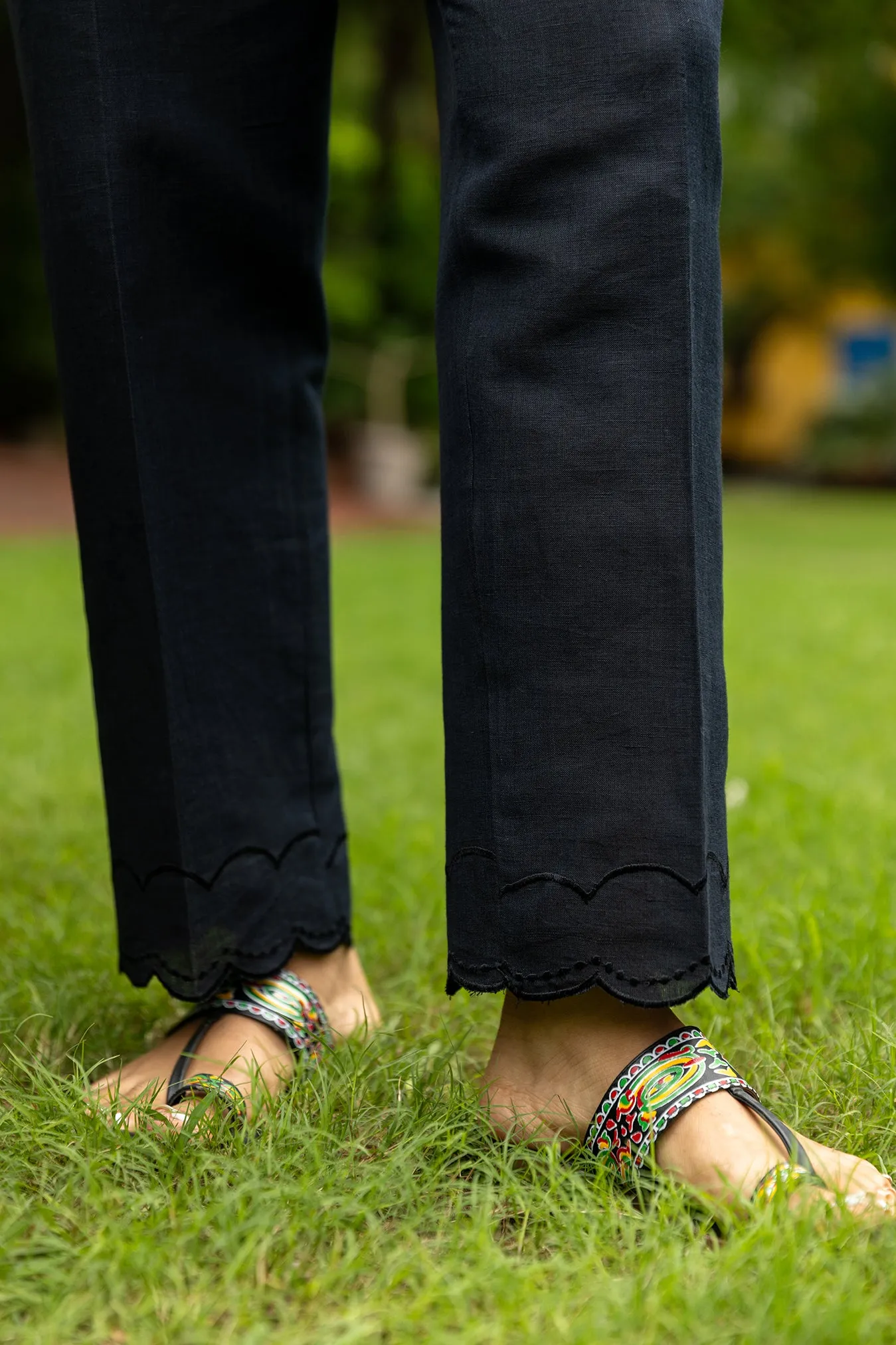 Black Linen Pants with Scalloped Hem Detailing