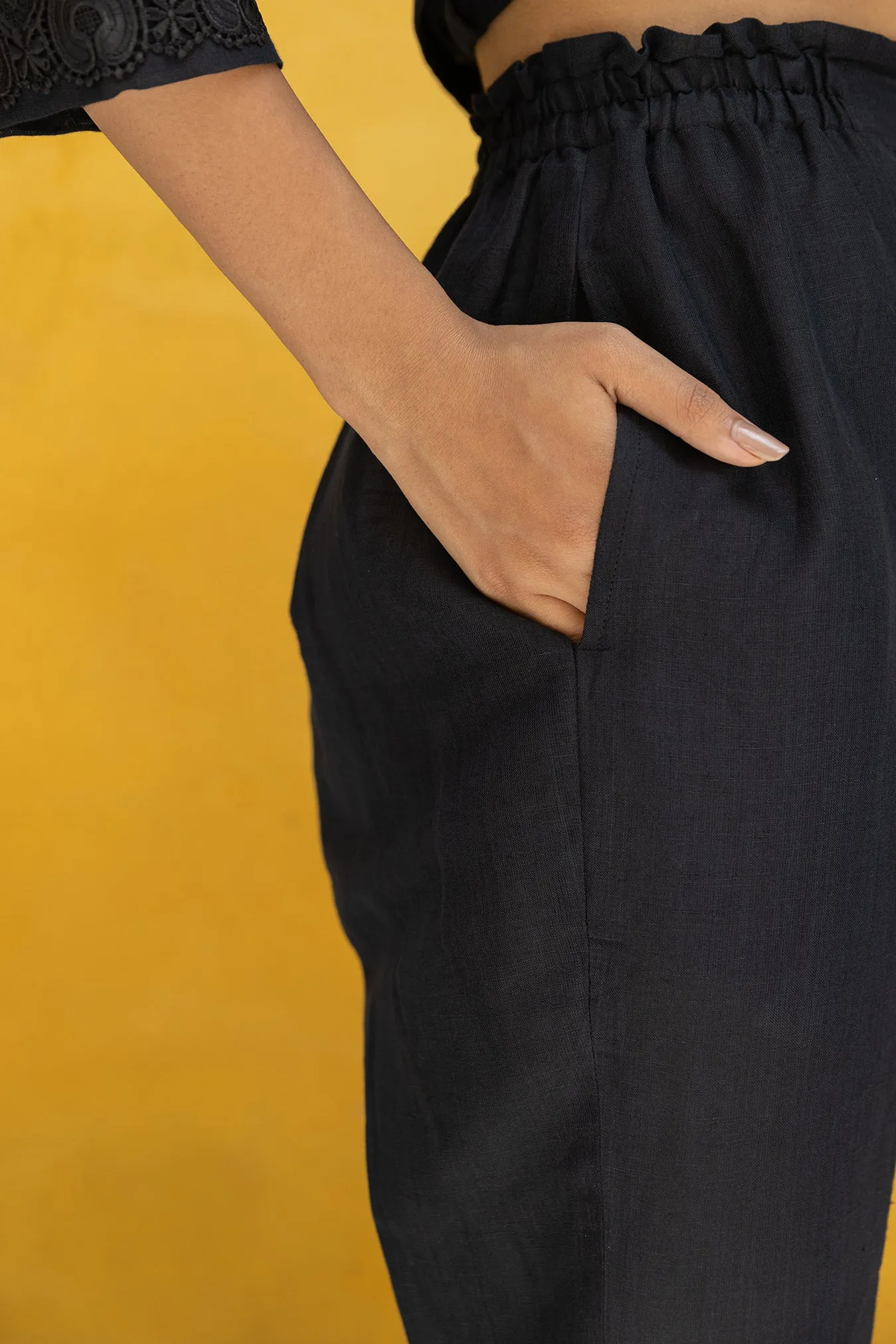 Black Linen Pants with Scalloped Hem Detailing