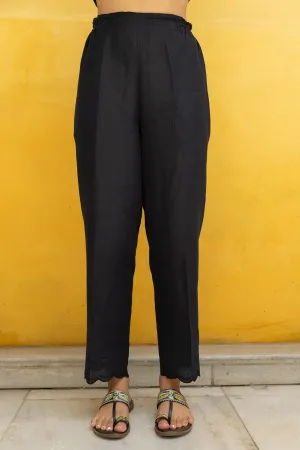 Black Linen Pants with Scalloped Hem Detailing