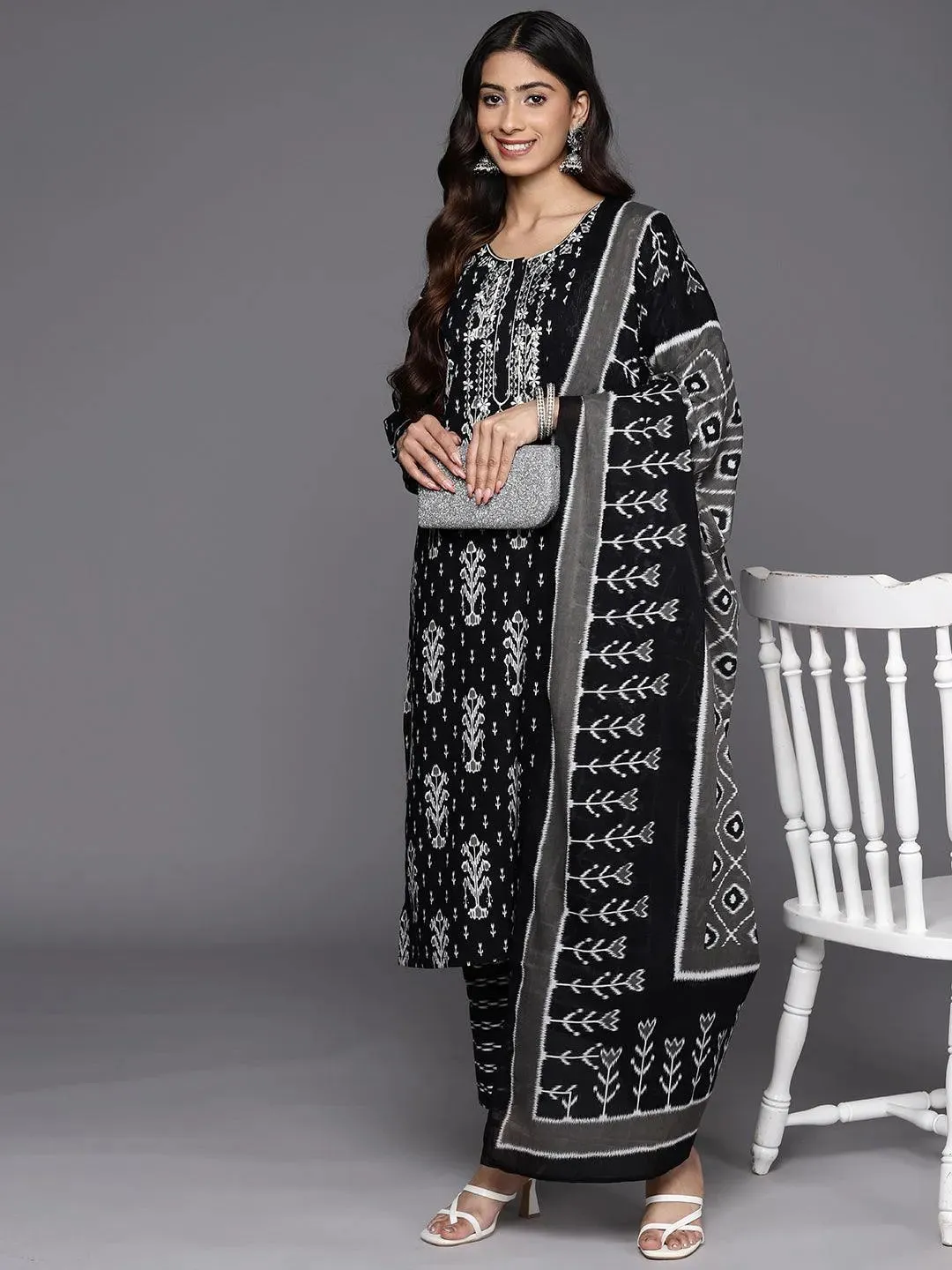Black Printed Cotton Straight Kurta With Trousers & Dupatta