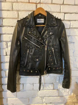 Black Studded Lambskin Motorcycle Jacket, Size Small