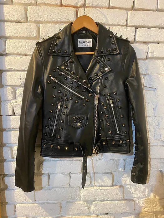 Black Studded Lambskin Motorcycle Jacket, Size Small