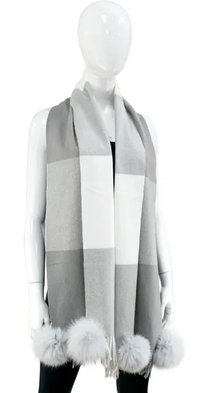 Block Print Pom Pom Scarf, Grey
