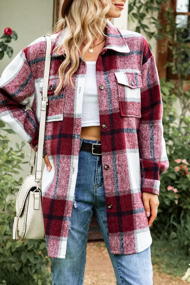 Button Pockets Plaid Shacket Jacket