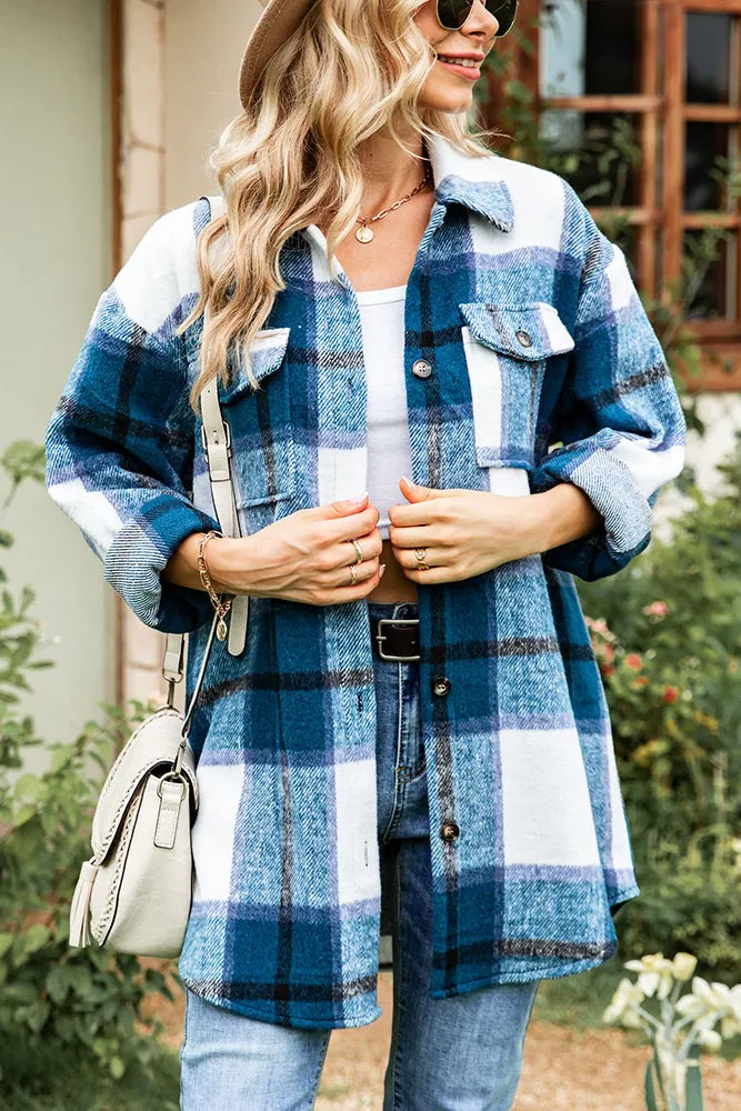 Button Pockets Plaid Shacket Jacket