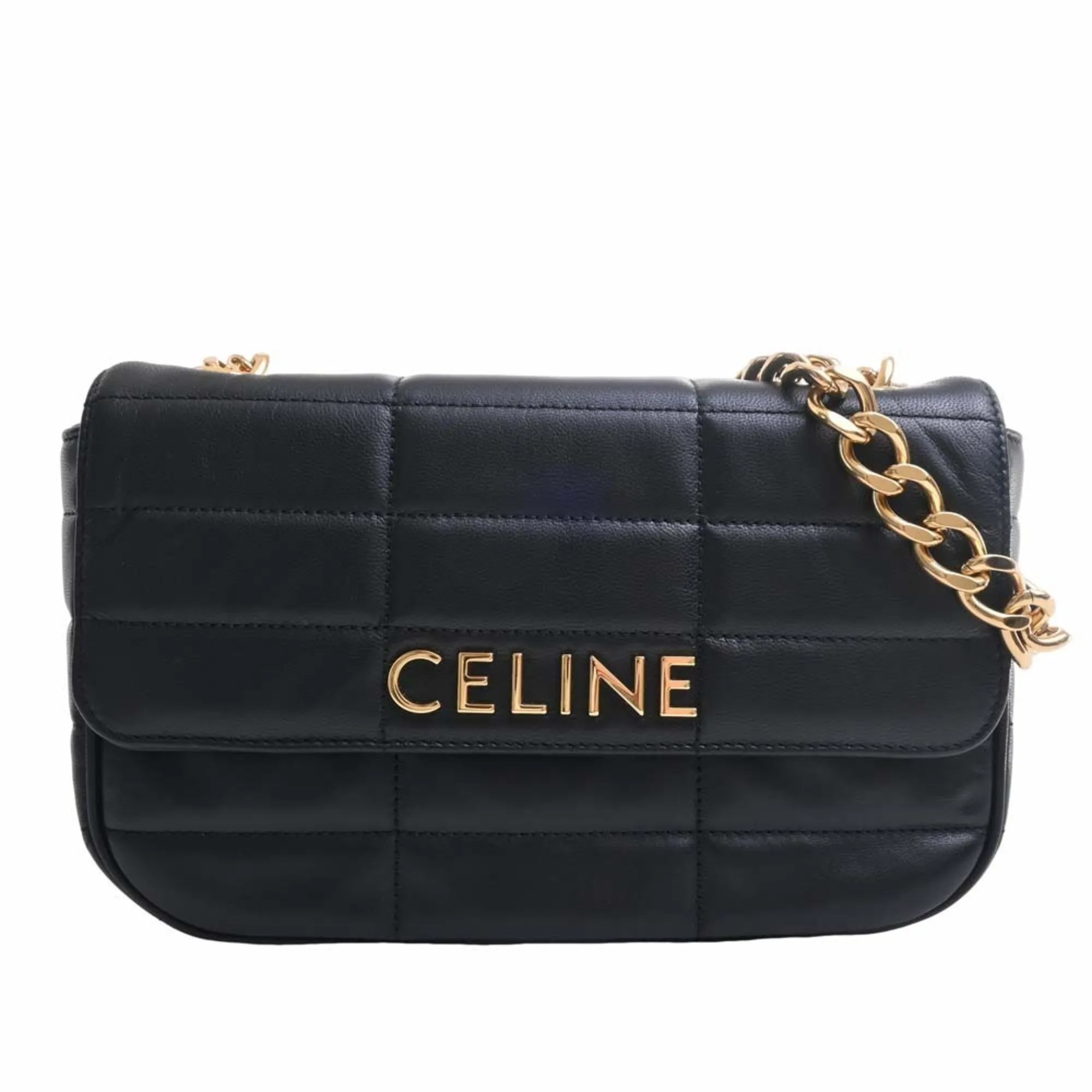 Celine Matelasse Monochrome Leather Chain Shoulder Bag Black Women's