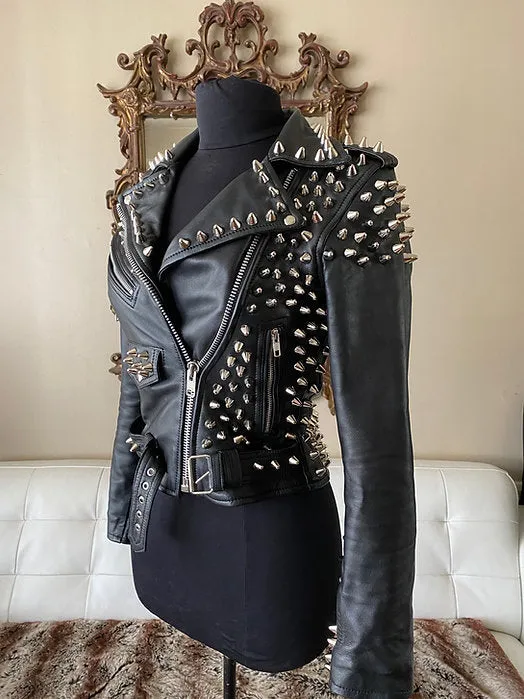 Custom Order Women's Studded Lambskin Motorcycle Jacket, XS-4XL