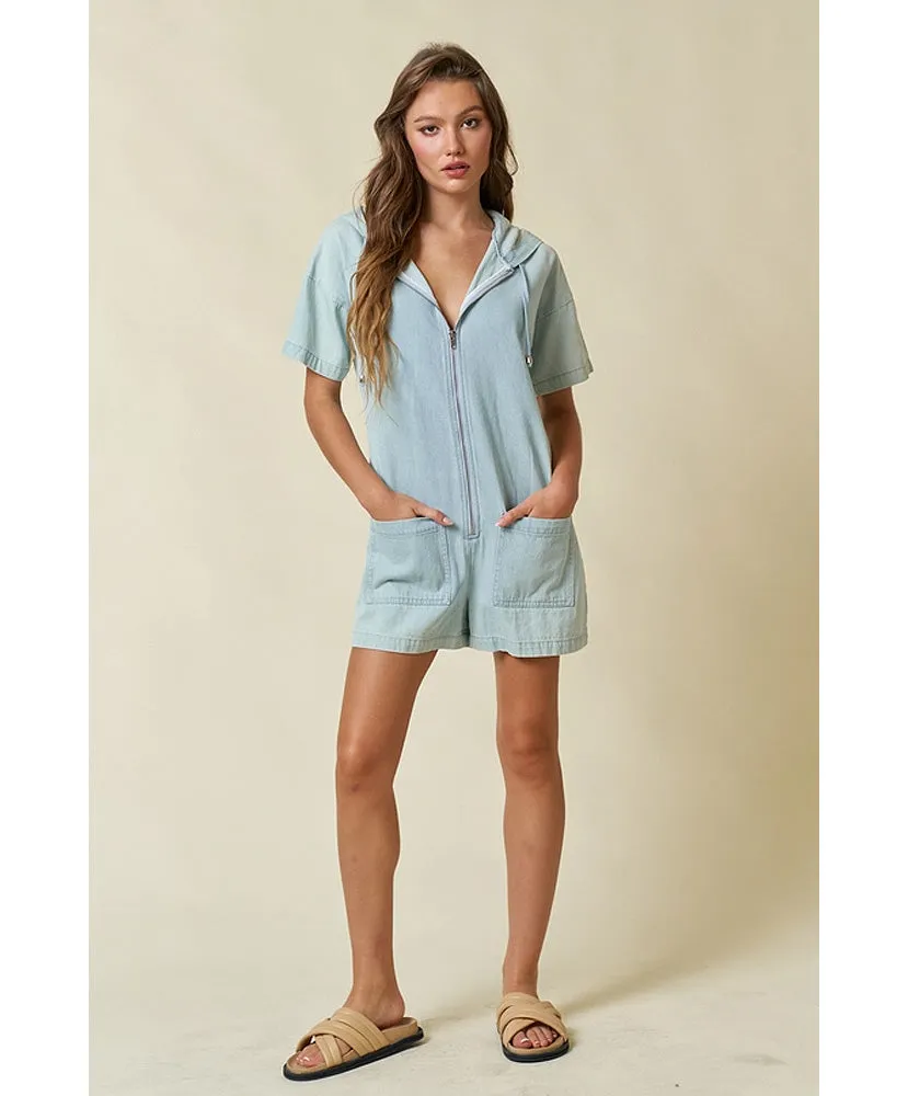 Dallas Denim Zip Up Pocket Hoodie Romper