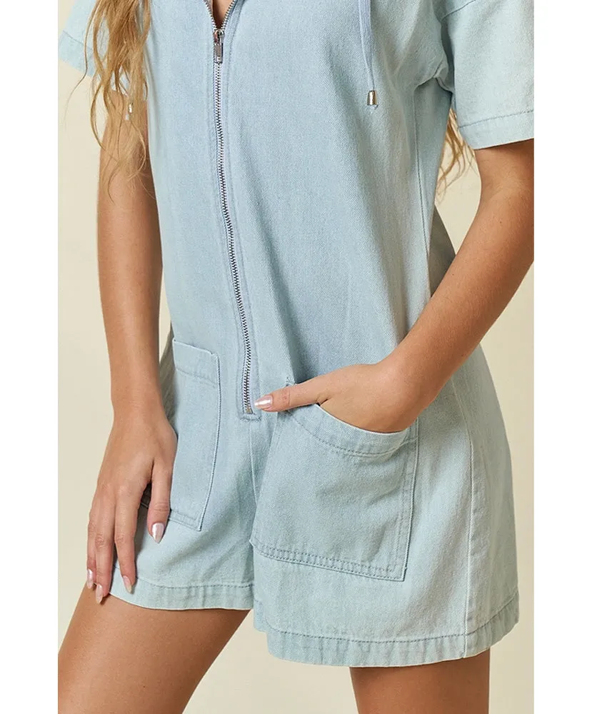 Dallas Denim Zip Up Pocket Hoodie Romper