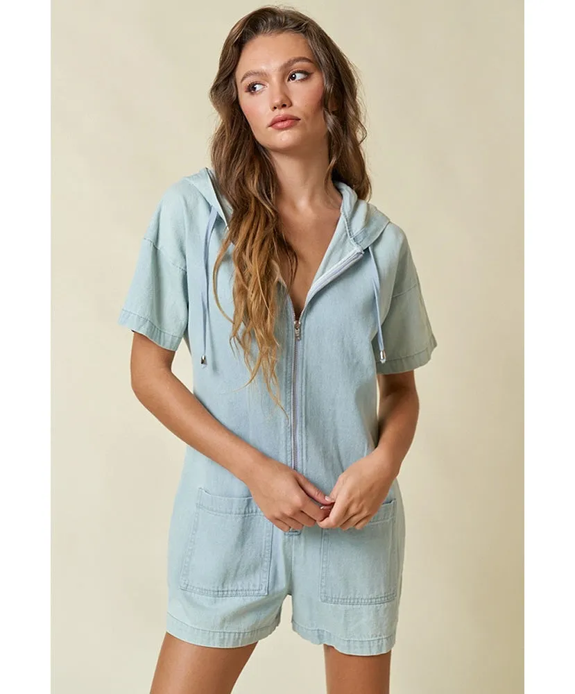 Dallas Denim Zip Up Pocket Hoodie Romper