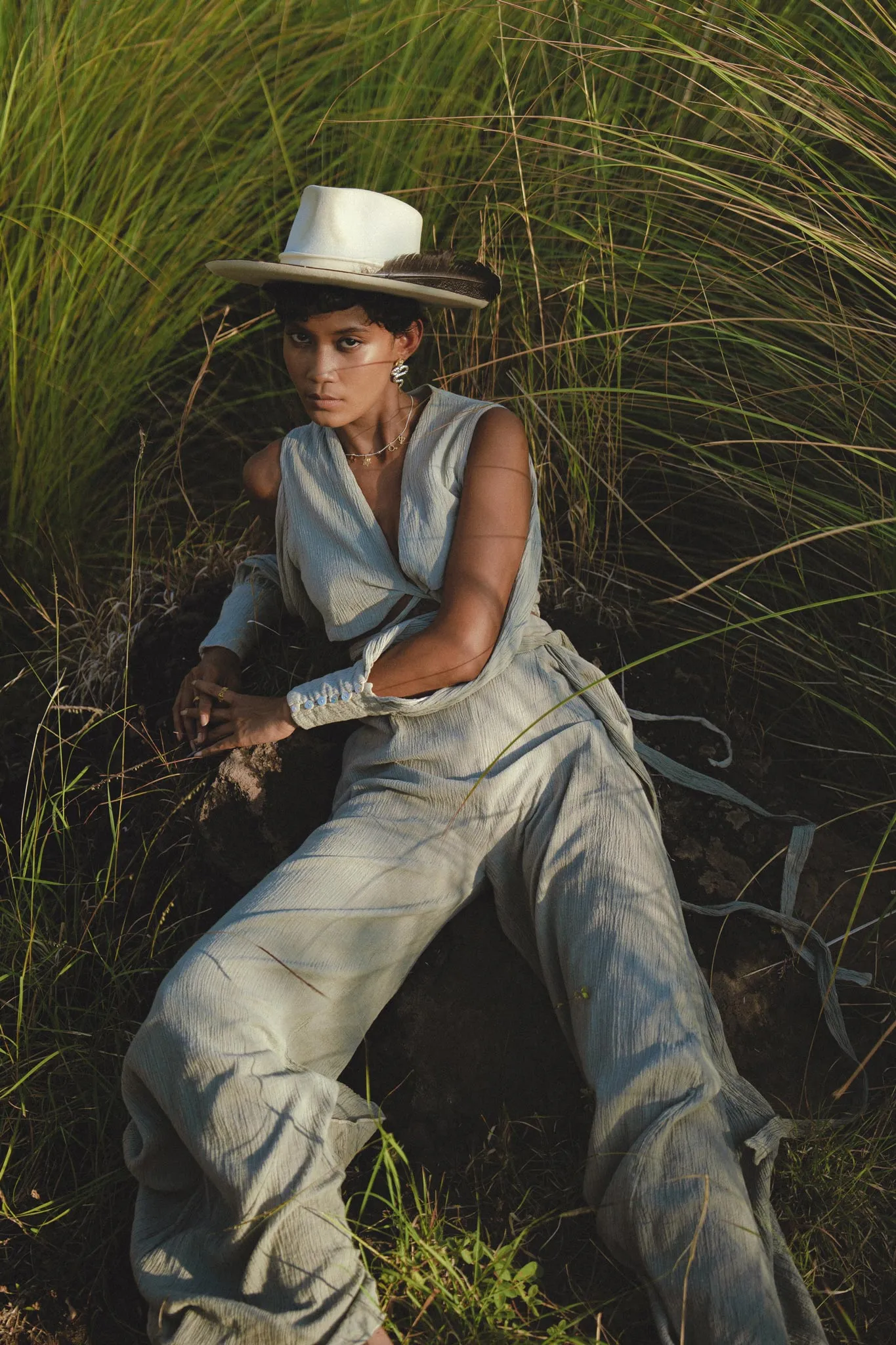 Dusty Blue Ambrosia Set Top & Trousers • Organic Set for Women • Boho Crop Top and Pants