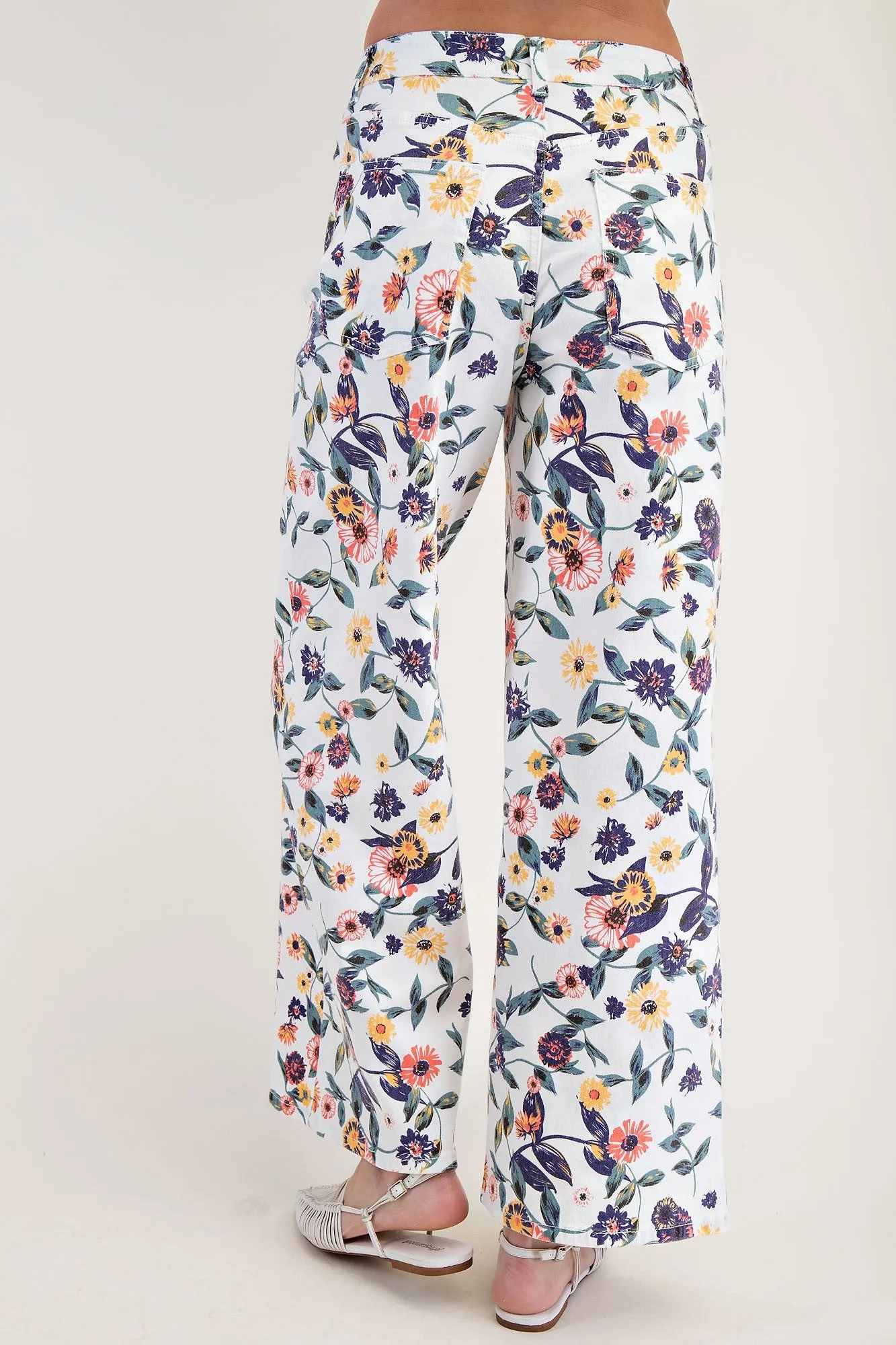 Easel  Floral Printed Washed Denim Twill Pants