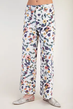 Easel  Floral Printed Washed Denim Twill Pants