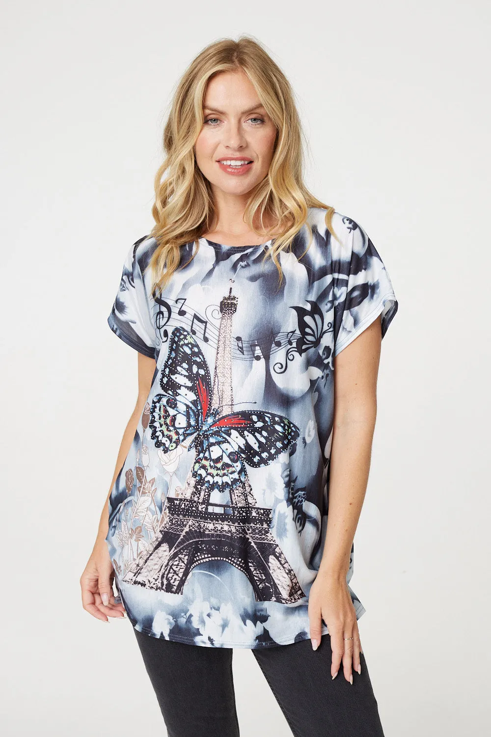 Embellished Butterfly Print Short Sleeve Top