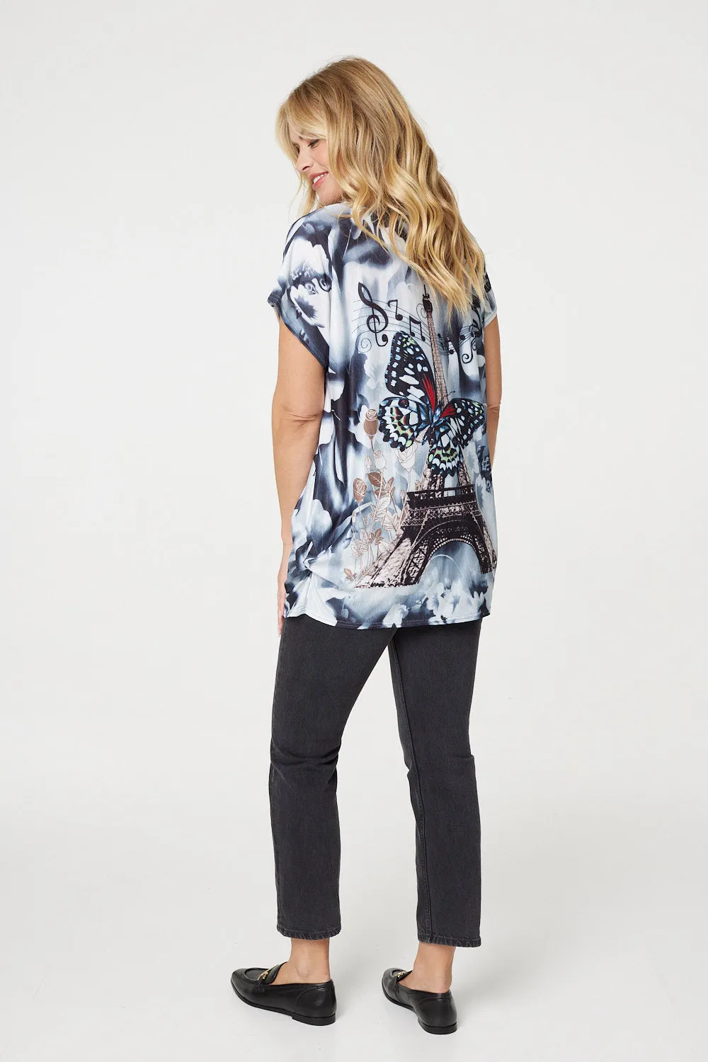 Embellished Butterfly Print Short Sleeve Top
