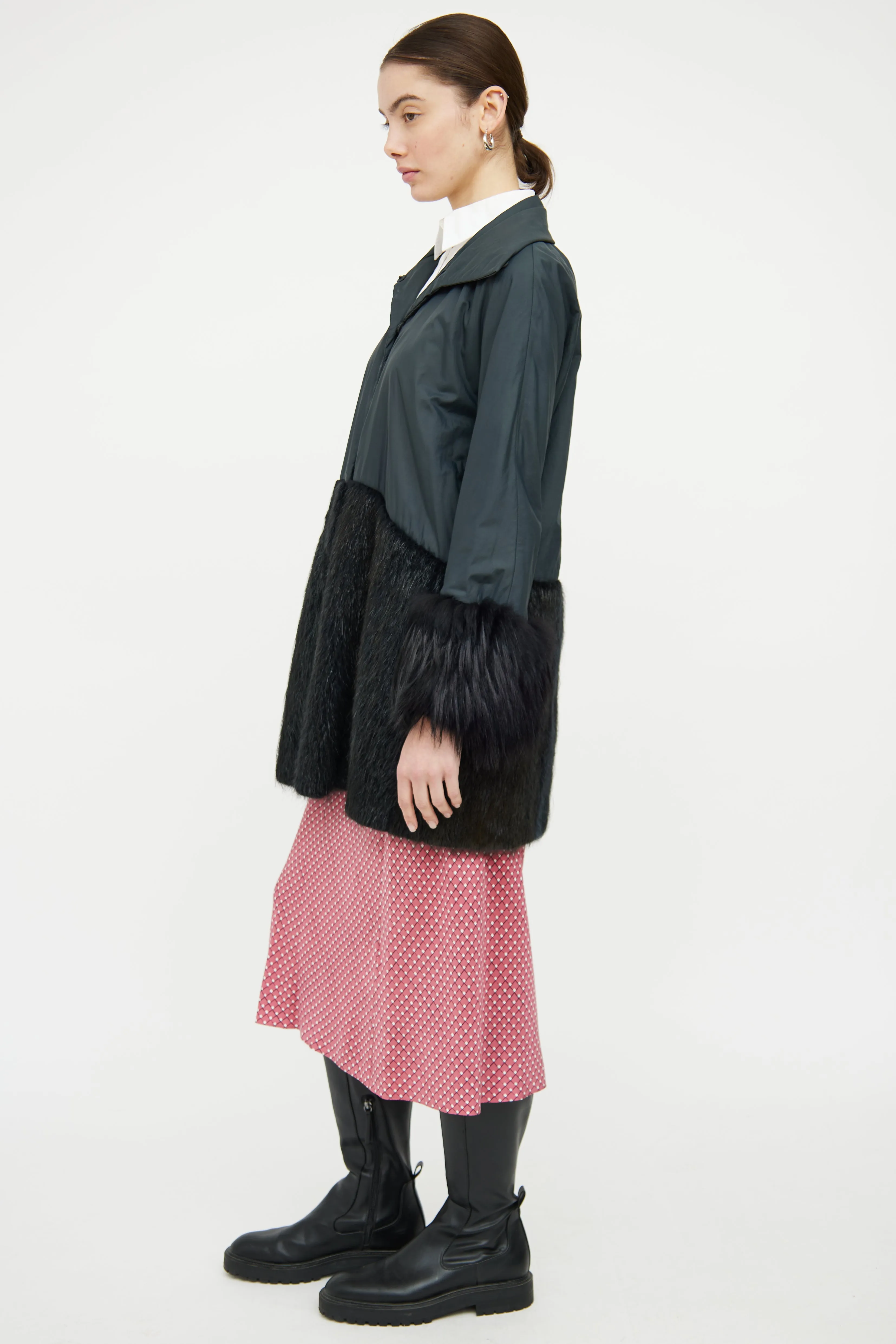 Green & Black Fur Trim Coat