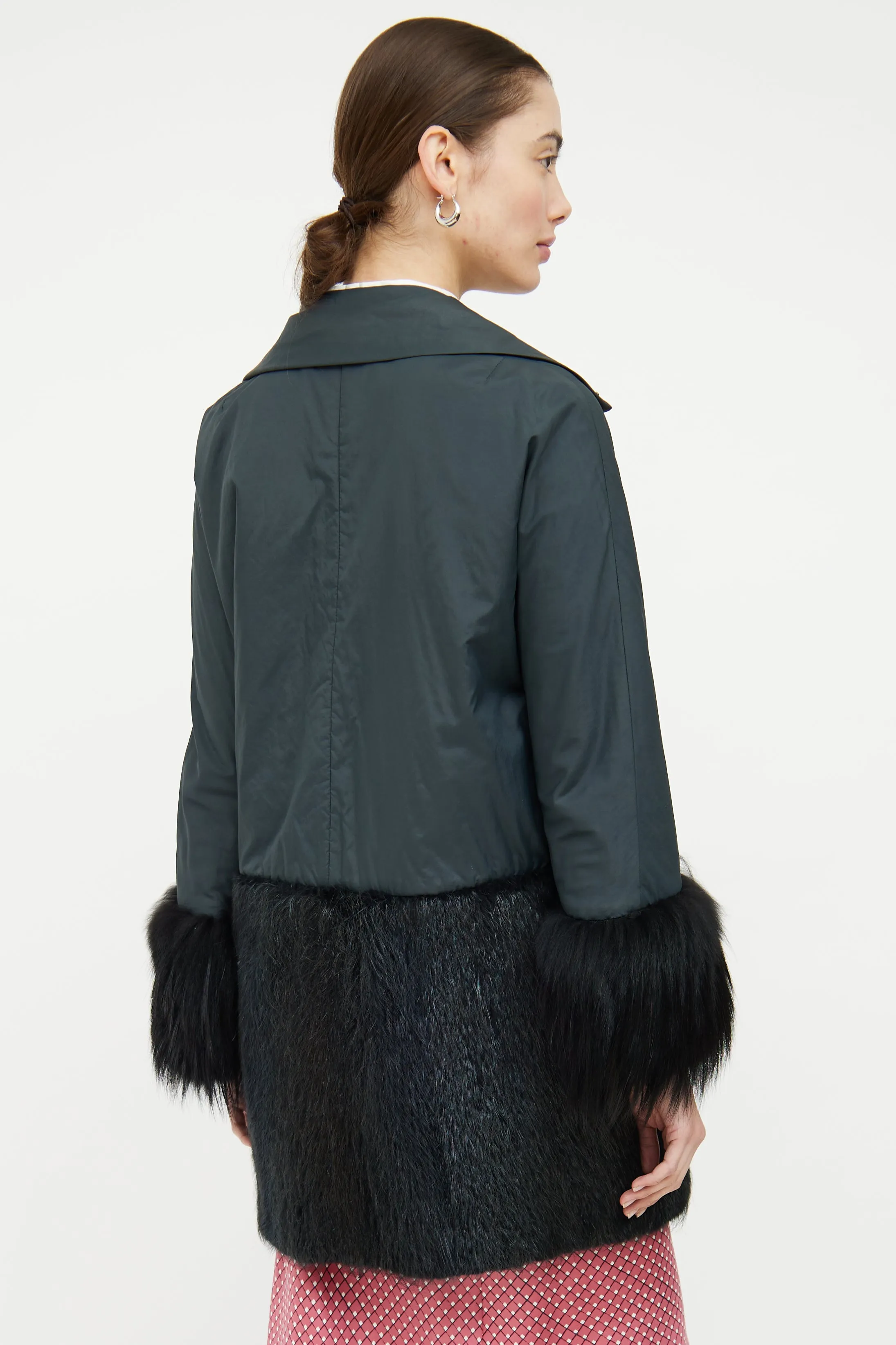 Green & Black Fur Trim Coat