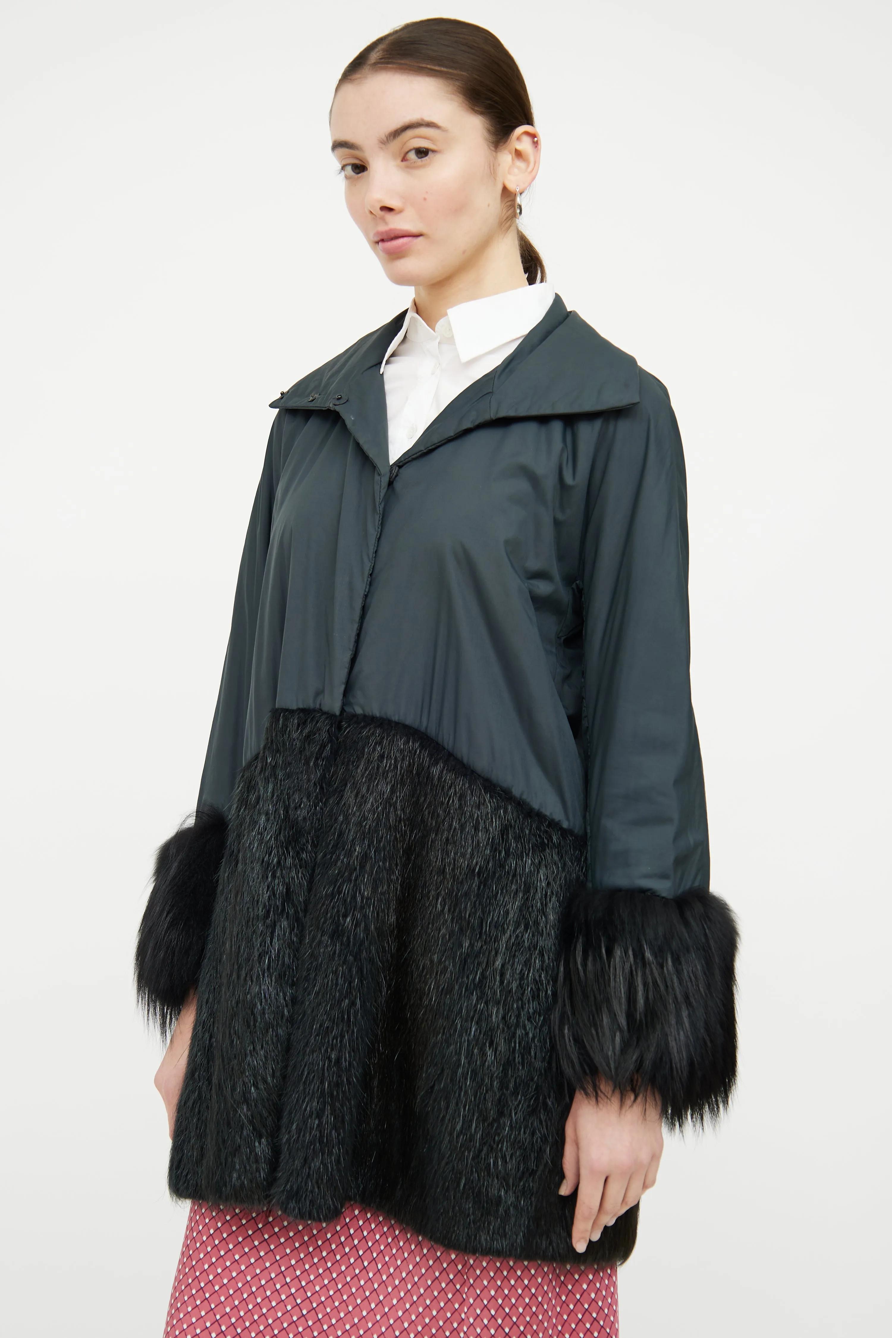 Green & Black Fur Trim Coat