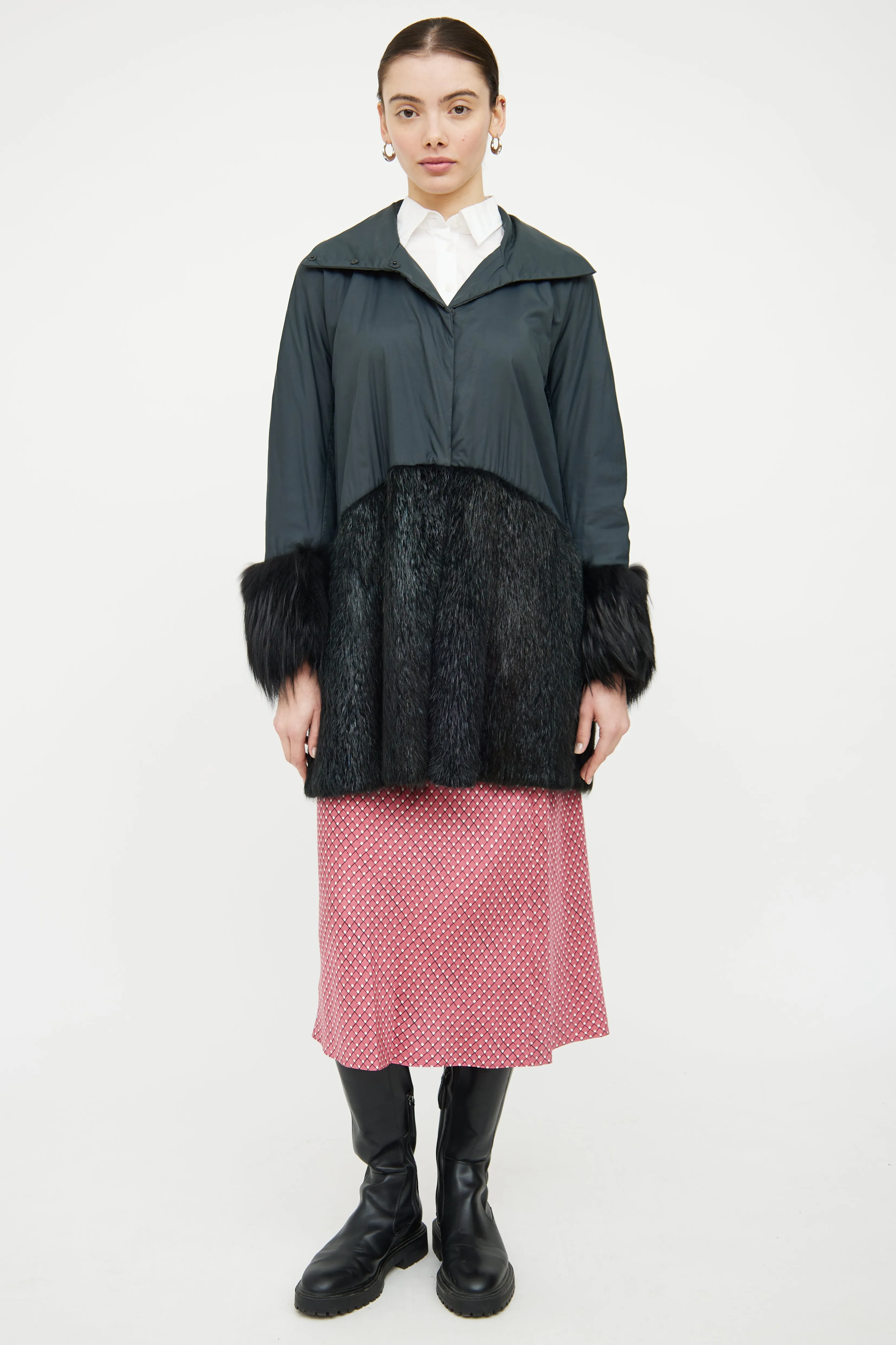 Green & Black Fur Trim Coat
