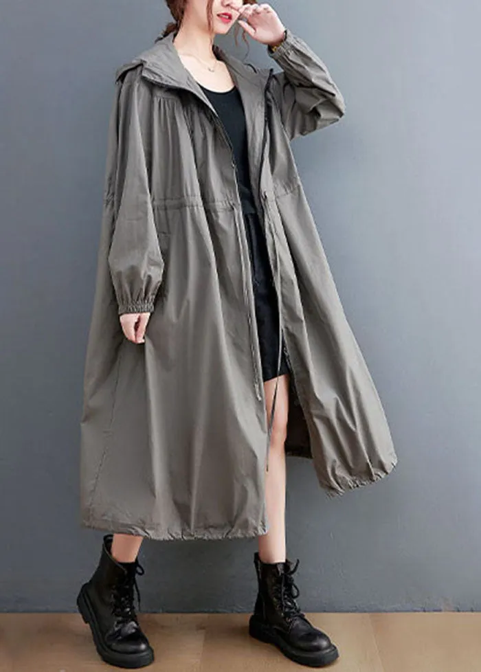 Grey Oversized Cotton Trench Coat Hooded Drawstring Spring LY0657