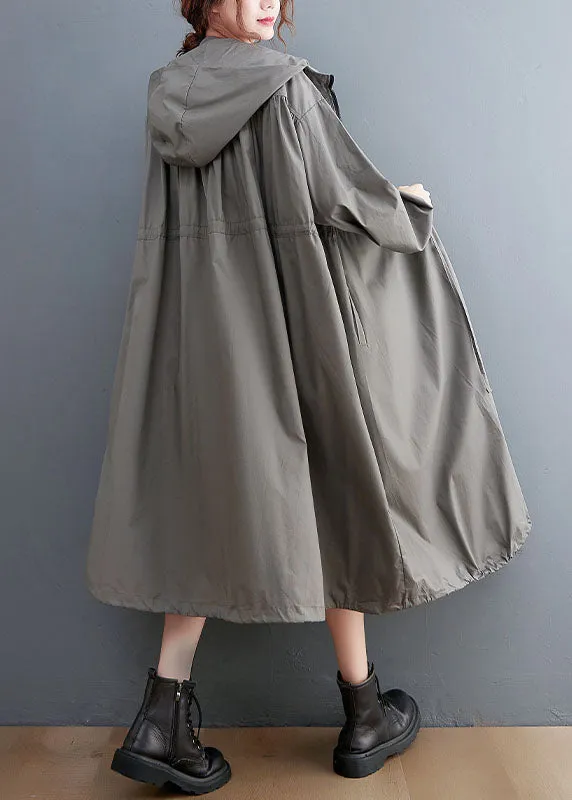 Grey Oversized Cotton Trench Coat Hooded Drawstring Spring LY0657