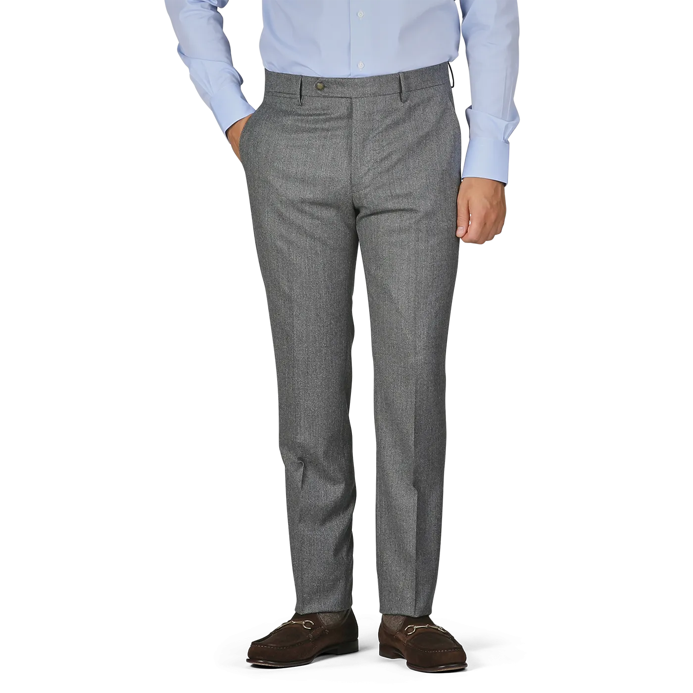 Grey Wool Flannel Flat Front Trousers