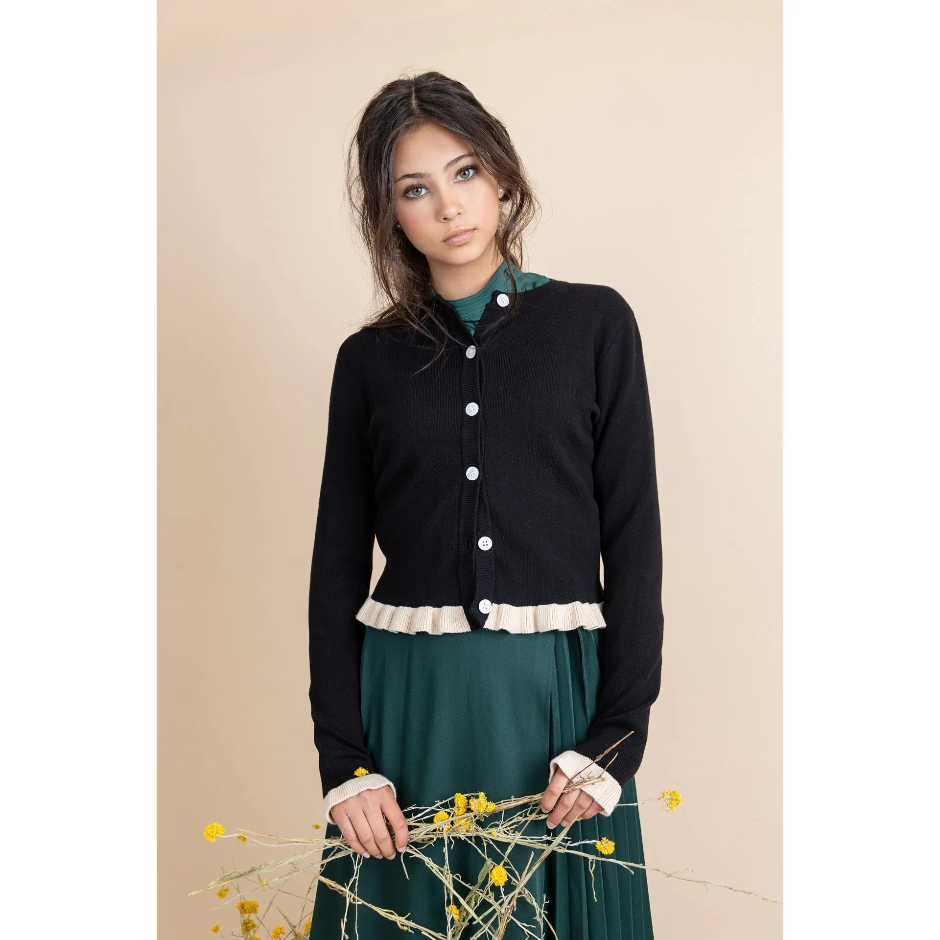 HEV Vanilla Contrast Ruffle Trim Cardigan