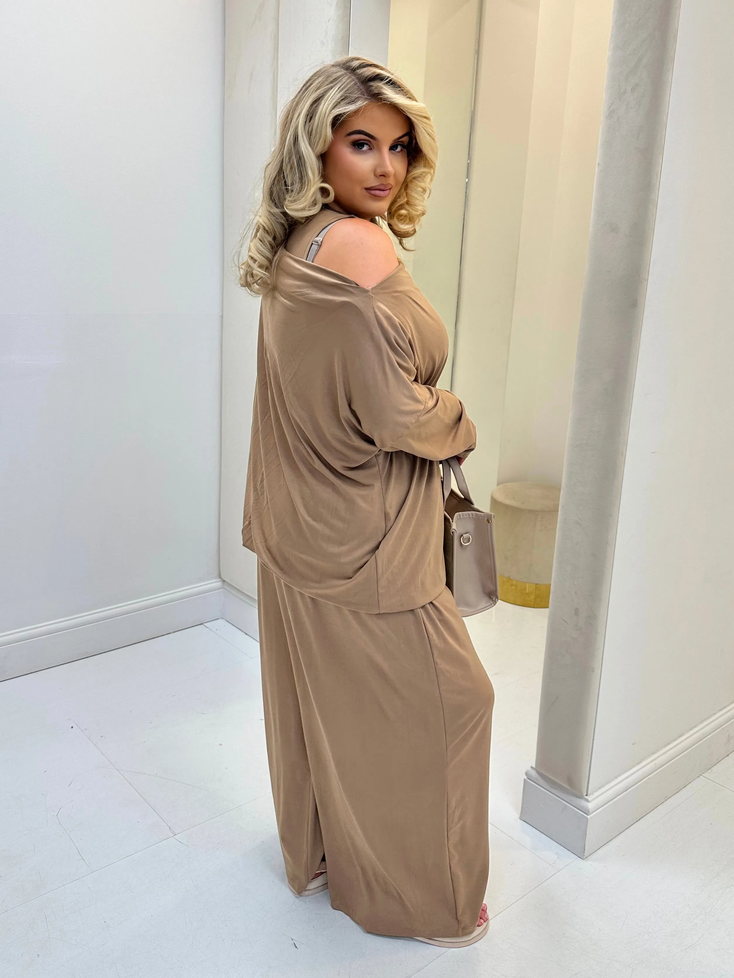 Hollyanna Curve Caramel Cowl Neck Jersey Drawstring Co-Ord