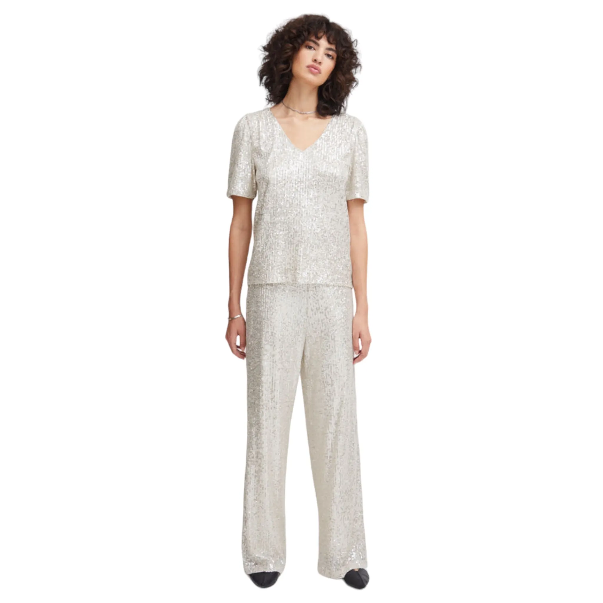 ICHI Fauci Wide Leg Sequin Trousers Frosted Almond