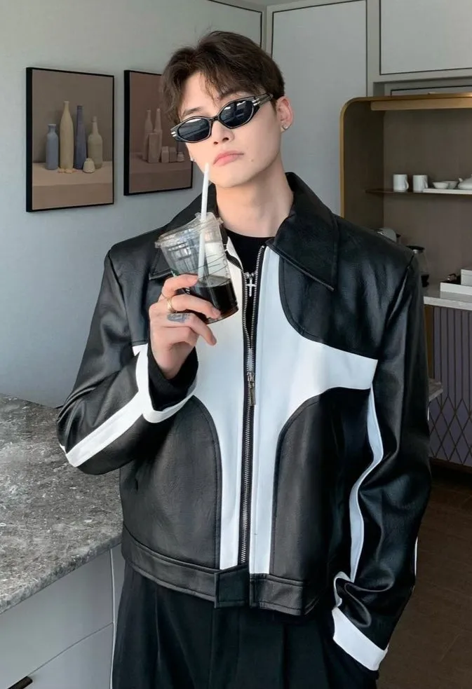 Iconic Style Korean Fashion Streetwear Oversized Black & White Vegan Leather Jacket For Mens