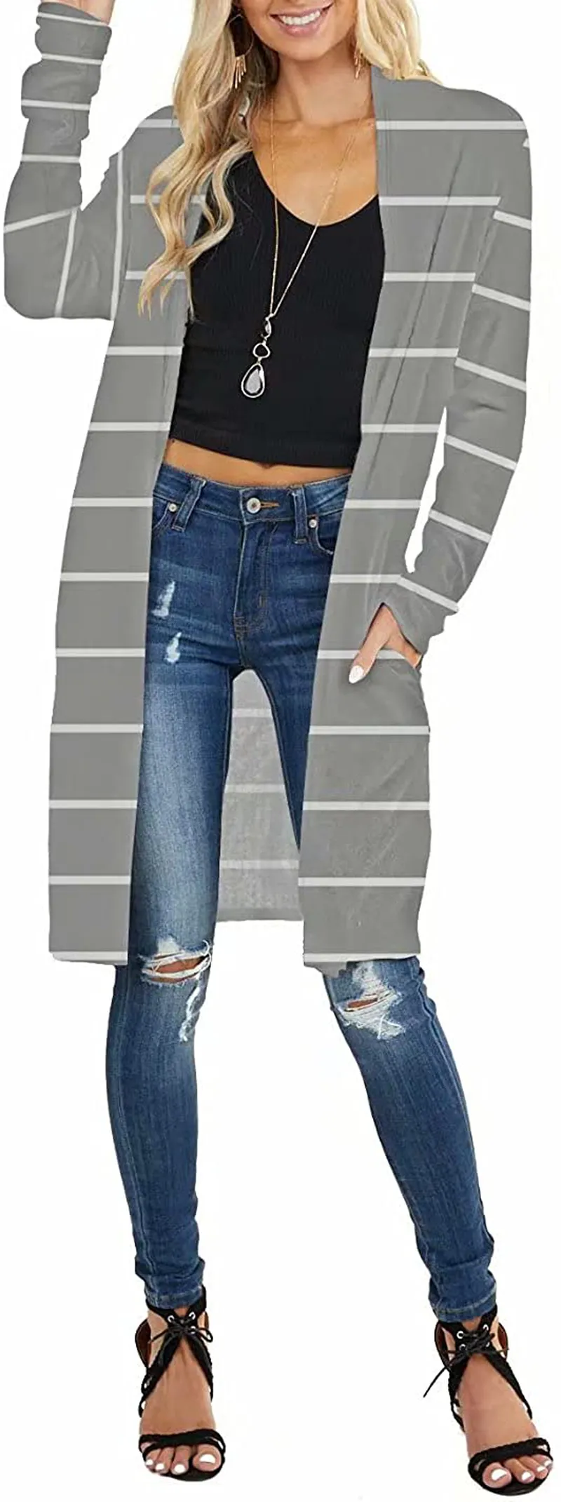 Lacozy Women's Open Front Long Knit Cardigan Draped Snap Buffalo Plaid Shirt Kimono Cardigan Sweater