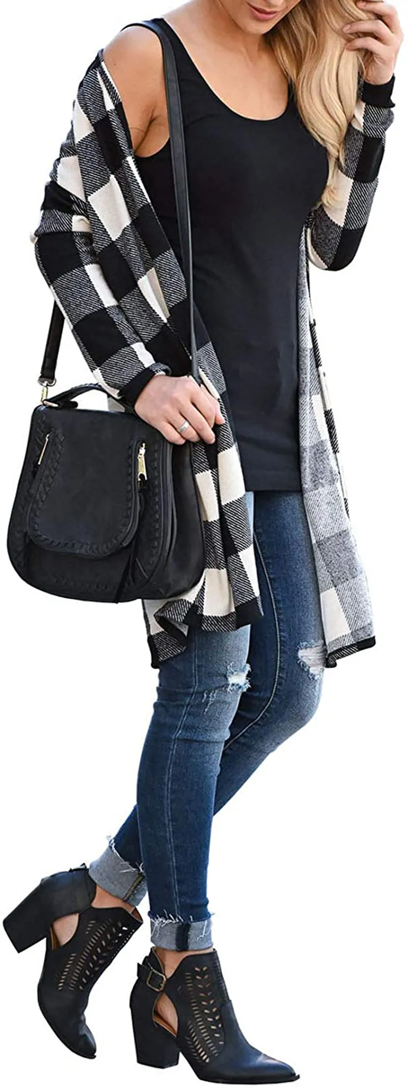 Lacozy Women's Open Front Long Knit Cardigan Draped Snap Buffalo Plaid Shirt Kimono Cardigan Sweater