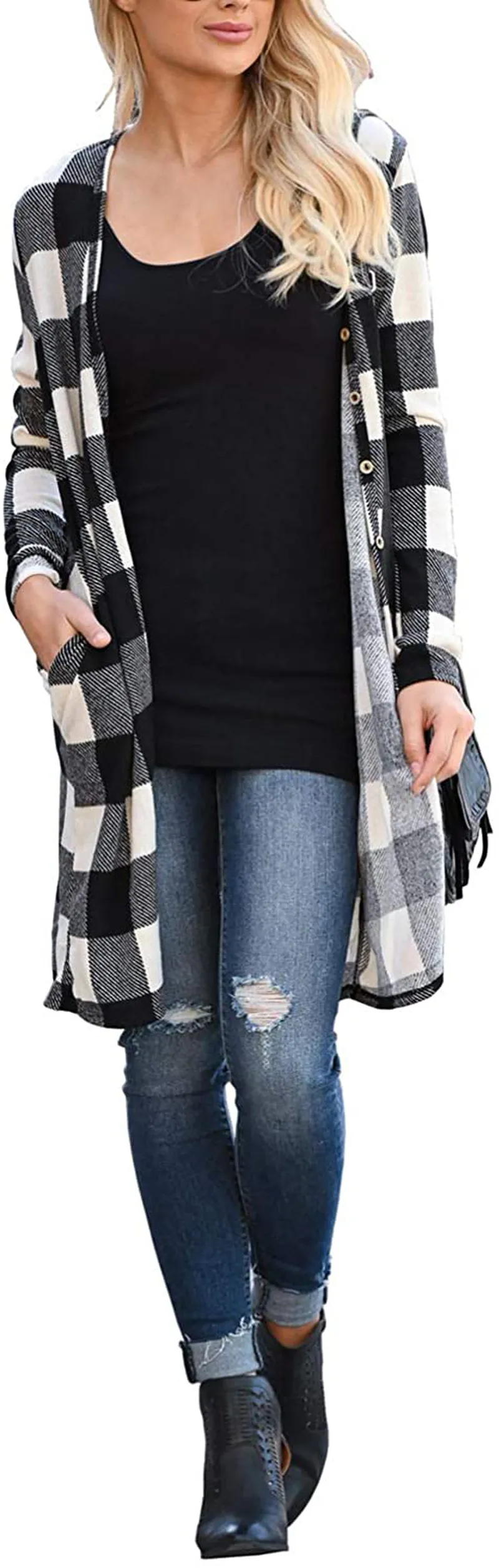 Lacozy Women's Open Front Long Knit Cardigan Draped Snap Buffalo Plaid Shirt Kimono Cardigan Sweater