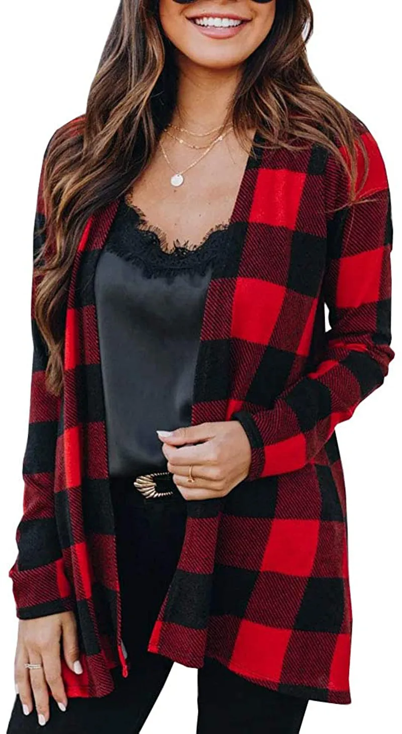 Lacozy Women's Open Front Long Knit Cardigan Draped Snap Buffalo Plaid Shirt Kimono Cardigan Sweater