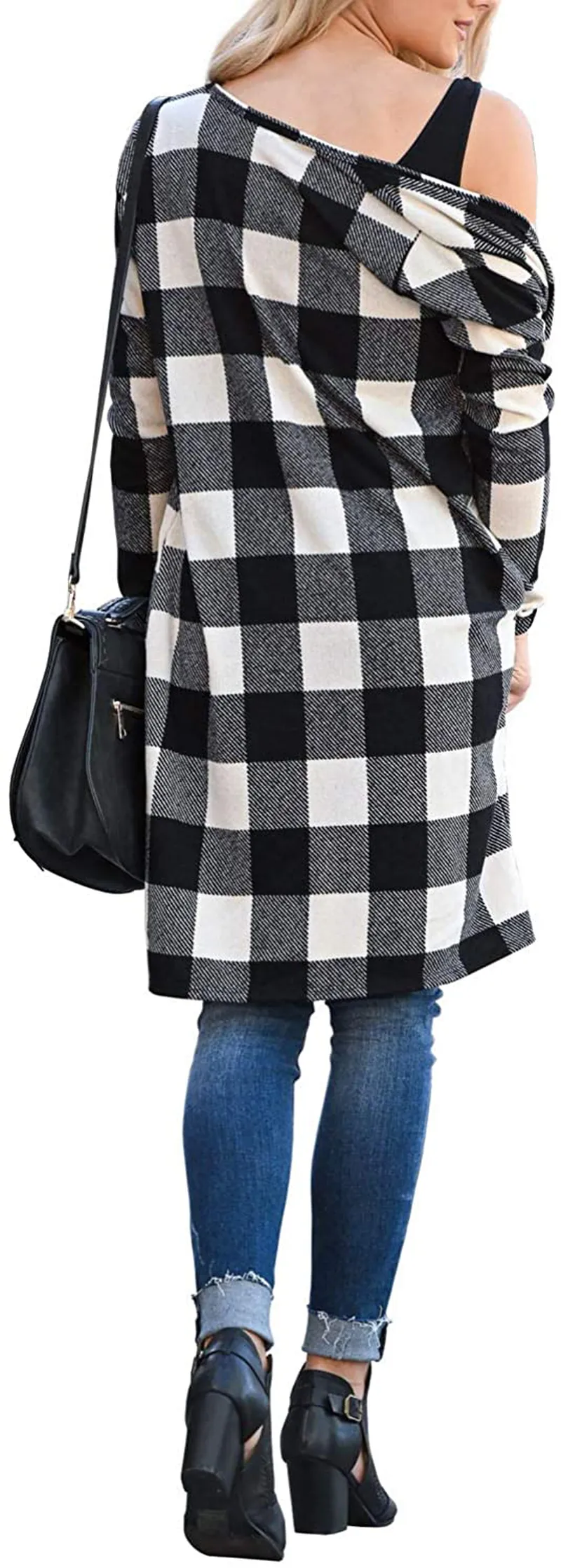 Lacozy Women's Open Front Long Knit Cardigan Draped Snap Buffalo Plaid Shirt Kimono Cardigan Sweater