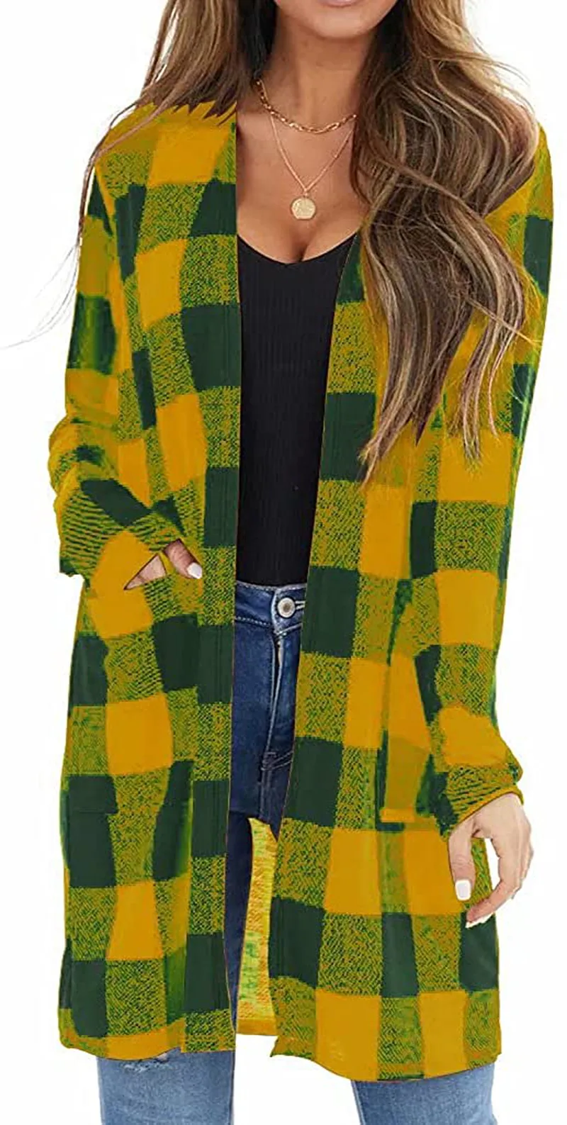 Lacozy Women's Open Front Long Knit Cardigan Draped Snap Buffalo Plaid Shirt Kimono Cardigan Sweater