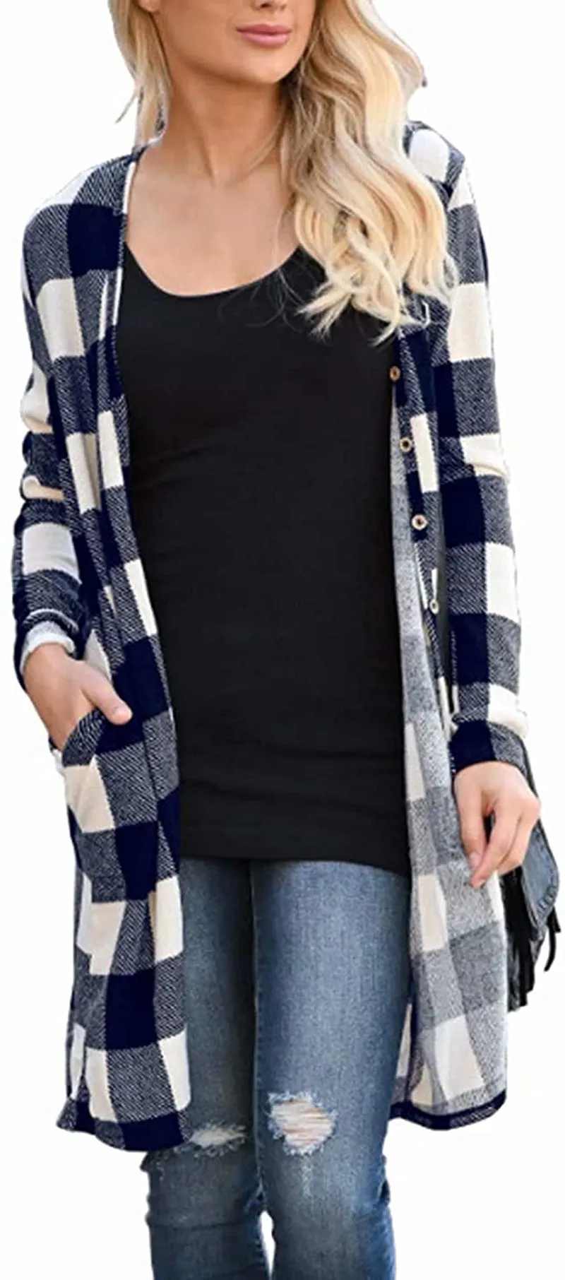 Lacozy Women's Open Front Long Knit Cardigan Draped Snap Buffalo Plaid Shirt Kimono Cardigan Sweater